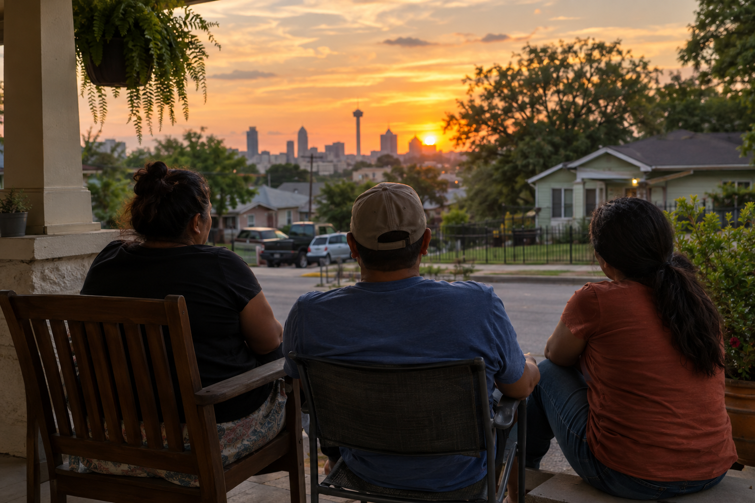 Residents talking together on a front porch at sunset
